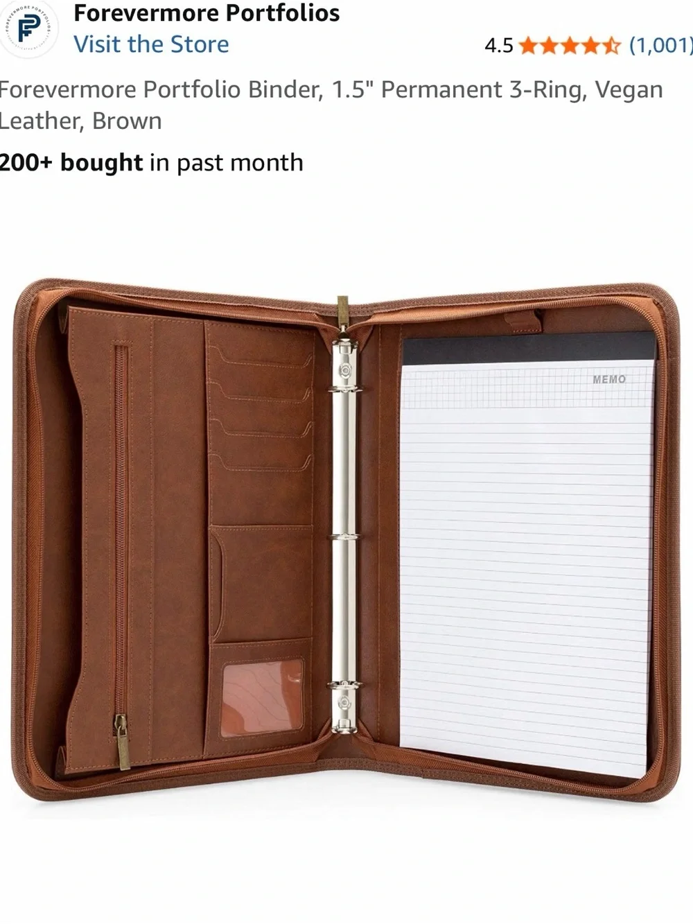 Forever 21 Brown Leather Zip Binder with Notepad & Card Slots